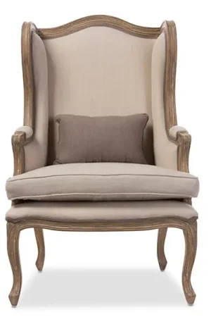 Baxton Studio Oreille French Provincial Style White Wash Distressed Two-tone Beige Upholstered Armchair - Beige One Day Deal