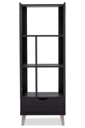 Baxton Studio Kalien Modern and Contemporary Dark Brown Wood Leaning Bookcase with Display Shelves and One Drawer - Dark Brown Hot Deal