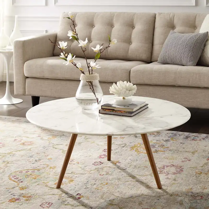 No Minimum Order Modway Lippa 36" Round Artificial Marble Coffee Table with Tripod Base - EEI-3661 - Walnut White