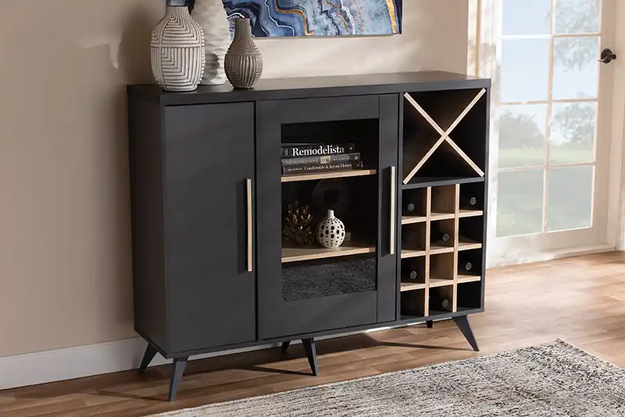 Baxton Studio Pietro Mid-Century Modern Dark Grey and Oak Finished Wine Cabinet - Dark Grey , Oak Brown Must Have