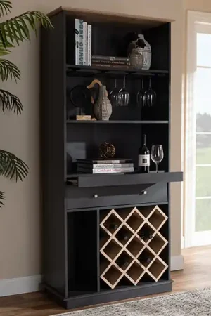 Baxton Studio Mattia Modern and Contemporary Dark Grey and Oak Finished Wood Wine Cabinet - Dark Grey , Oak Brown Exclusive