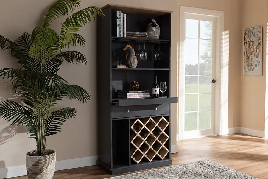 Baxton Studio Mattia Modern and Contemporary Dark Grey and Oak Finished Wood Wine Cabinet - Dark Grey , Oak Brown Exclusive