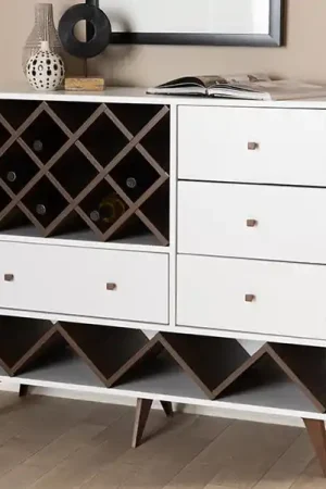 Baxton Studio Savino Mid-Century Modern White and Walnut Finished Wood Wine Cabinet - White , Walnut Brown Best Price