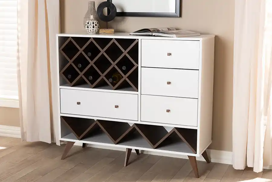 Baxton Studio Savino Mid-Century Modern White and Walnut Finished Wood Wine Cabinet - White , Walnut Brown Best Price