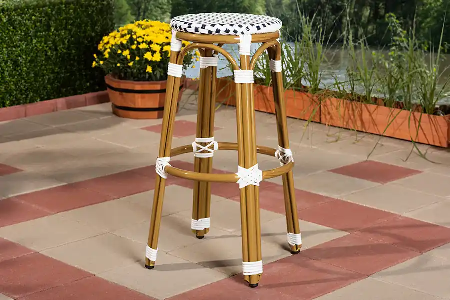 Baxton Studio Joelle Classic French Indoor and Outdoor Navy and White Bamboo Style Stackable Bistro Bar Stool - Navy , White Direct From Manufacturer