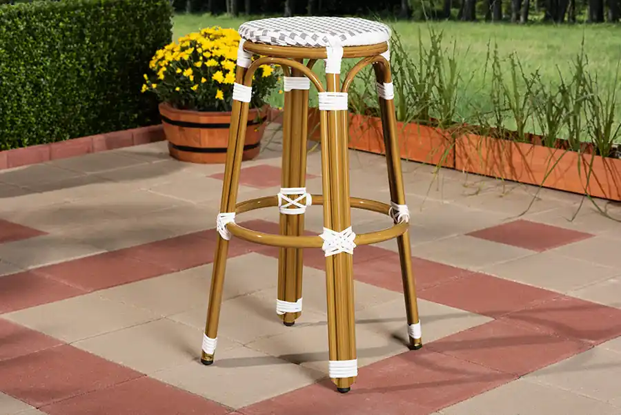 Baxton Studio Joelle Classic French Indoor and Outdoor Grey and White Bamboo Style Stackable Bistro Bar Stool - Grey , White Certified