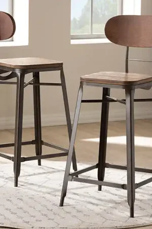 Baxton Studio Varek Vintage Rustic Industrial Style Bamboo and Rust-Finished Steel Stackable Bar Stool Set - Oak Brown , Rust Limited Offer