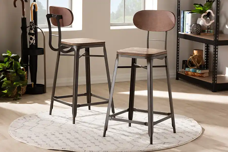 Baxton Studio Varek Vintage Rustic Industrial Style Bamboo and Rust-Finished Steel Stackable Bar Stool Set - Oak Brown , Rust Limited Offer