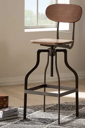 Baxton Studio Varek Vintage Rustic Industrial Style Wood and Rust-Finished Steel Adjustable Swivel Bar Stool - Oak Brown , Rust Seasonal Sale