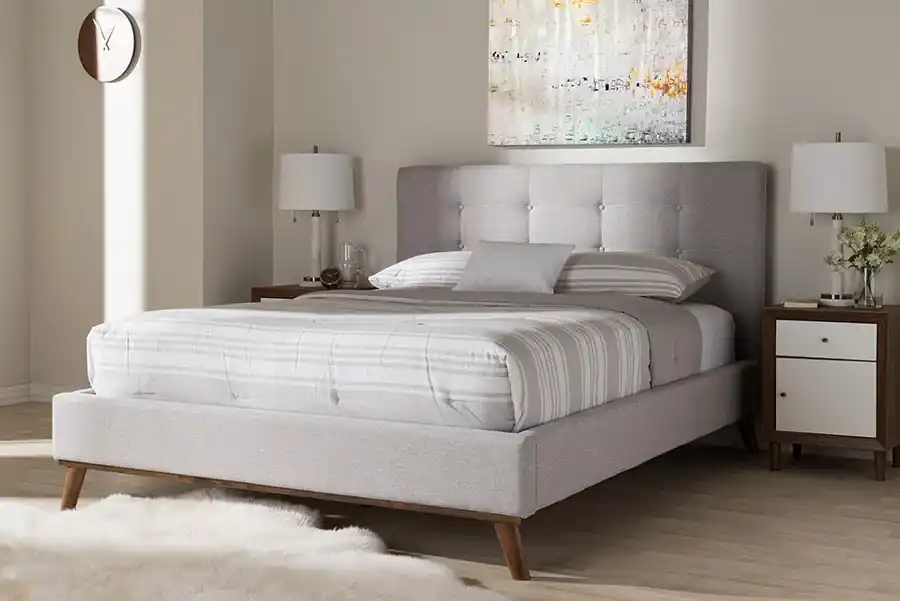 Baxton Studio Valencia Mid-Century Modern Greyish Beige Fabric Queen Size Platform Bed - Greyish Beige Must Have