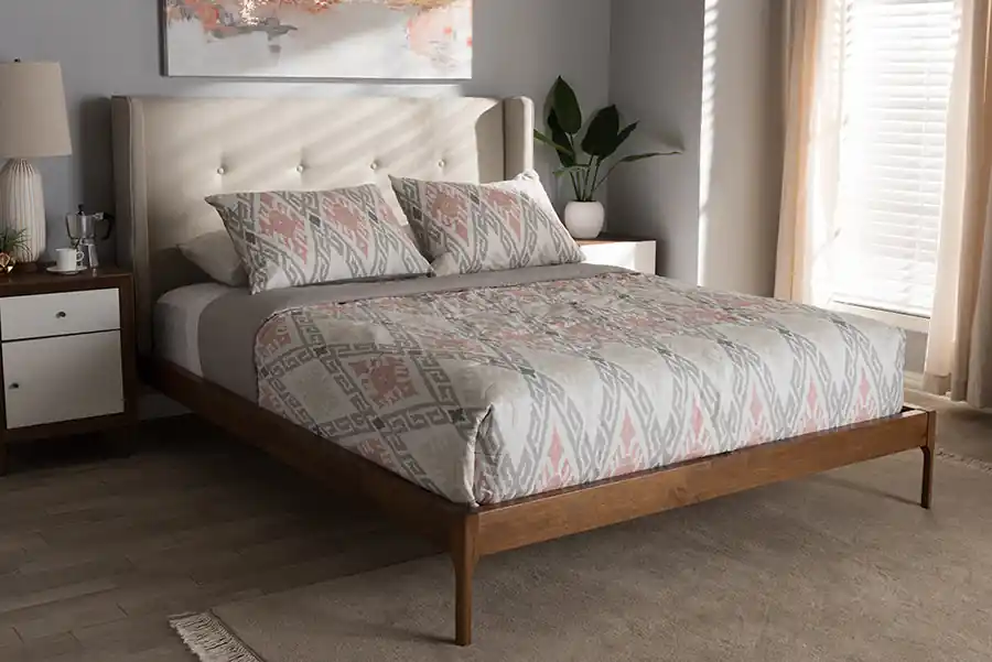 Baxton Studio Brooklyn Mid-Century Modern Walnut Wood Beige Fabric King Size Platform Bed - Light Beige Super Sale