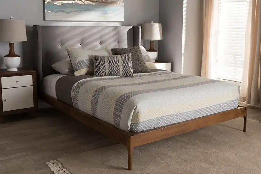 Baxton Studio Brooklyn Mid-Century Modern Walnut Wood Beige Fabric Full Size Platform Bed - Light Beige Crafted