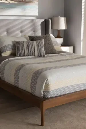 Baxton Studio Brooklyn Mid-Century Modern Walnut Wood Grey Fabric Queen Size Platform Bed - Grey Exclusive