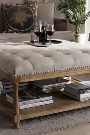 Baxton Studio Carlotta French Country Weathered Oak Beige Linen Square Coffee Table Ottoman - Beige , Weathered Oak Factory Price