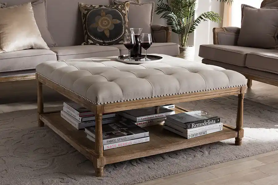 Baxton Studio Carlotta French Country Weathered Oak Beige Linen Square Coffee Table Ottoman - Beige , Weathered Oak Factory Price