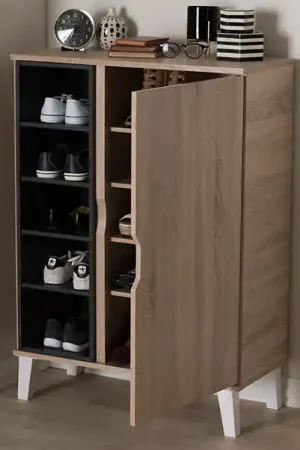 Bargain Baxton Studio Adelina Mid-Century Modern 1-door Oak and Grey Wood Shoe Cabinet - Light Brown , Gray
