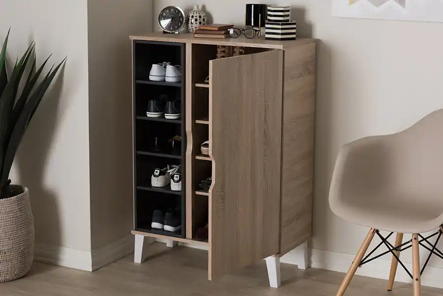 Bargain Baxton Studio Adelina Mid-Century Modern 1-door Oak and Grey Wood Shoe Cabinet - Light Brown , Gray