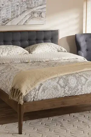 Baxton Studio Jupiter Mid-Century Modern Grey Fabric Upholstered Button-Tufted King Size Platform Bed - "Walnut" Brown , Gray Limited Time