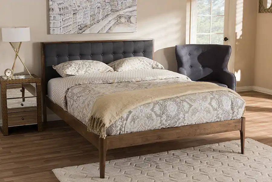 Baxton Studio Jupiter Mid-Century Modern Grey Fabric Upholstered Button-Tufted King Size Platform Bed - "Walnut" Brown , Gray Limited Time