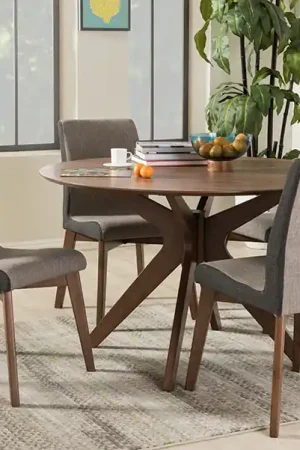 Baxton Studio Kimberly Mid-Century Modern Walnut Wood Round 5-Piece Dining Set - Table: "Walnut" Brown; Chairs: "Gravel" Multi Color , "Walnut" Brown Premium