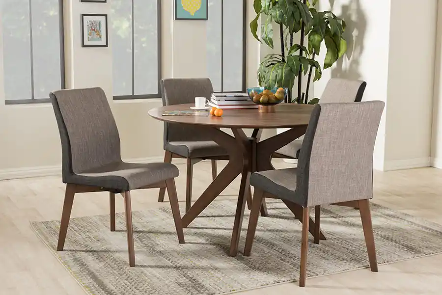 Baxton Studio Kimberly Mid-Century Modern Walnut Wood Round 5-Piece Dining Set - Table: "Walnut" Brown; Chairs: "Gravel" Multi Color , "Walnut" Brown Premium