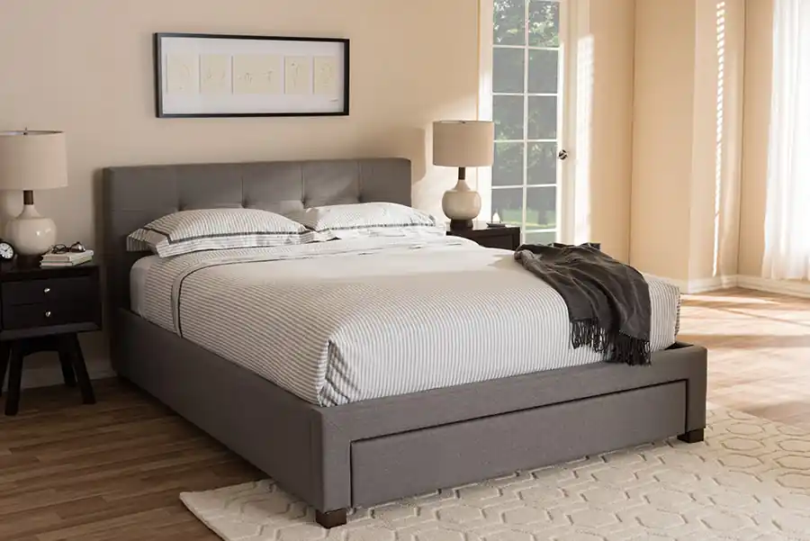 Baxton Studio Brandy Modern and Contemporary Grey Fabric Upholstered King Size Platform Bed with Storage Drawer - Grey Don’t Miss Out