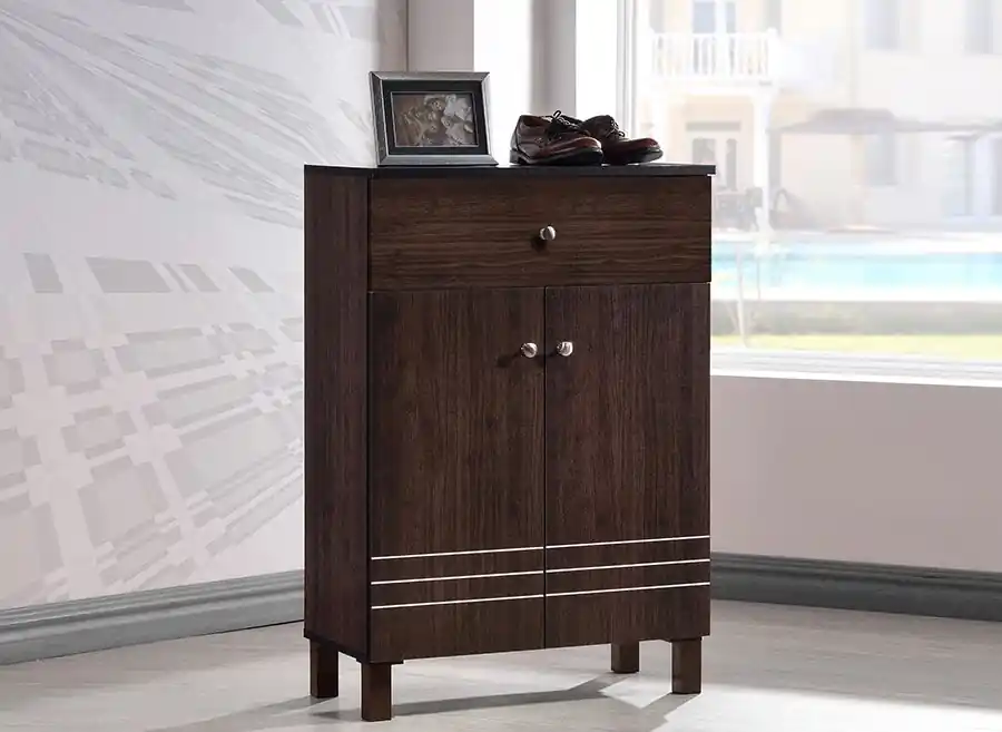 Baxton Studio Felda Dark Brown Modern Shoe Cabinet with 2 Doors and Drawer - Dark Brown Brand New