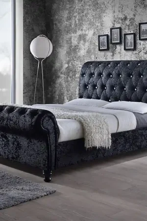 Baxton Studio Castello Black Velvet Upholstered Faux Crystal-Buttoned Sleigh Queen Platform Bed - Black Money Back Guarantee