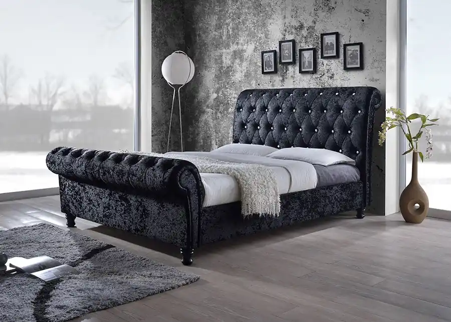 Baxton Studio Castello Black Velvet Upholstered Faux Crystal-Buttoned Sleigh King Platform Bed - Black Affordable