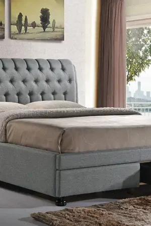 Baxton Studio Ainge Contemporary Button-Tufted Light Beige Fabric Upholstered Storage King-Size Bed with 2-drawer - Light Beige Secure Checkout