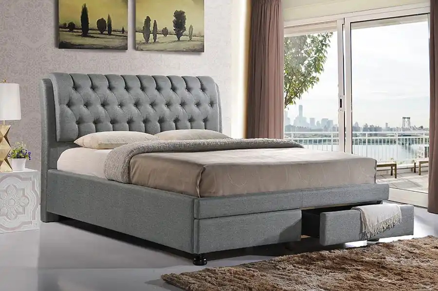 Baxton Studio Ainge Contemporary Button-Tufted Light Beige Fabric Upholstered Storage King-Size Bed with 2-drawer - Light Beige Secure Checkout