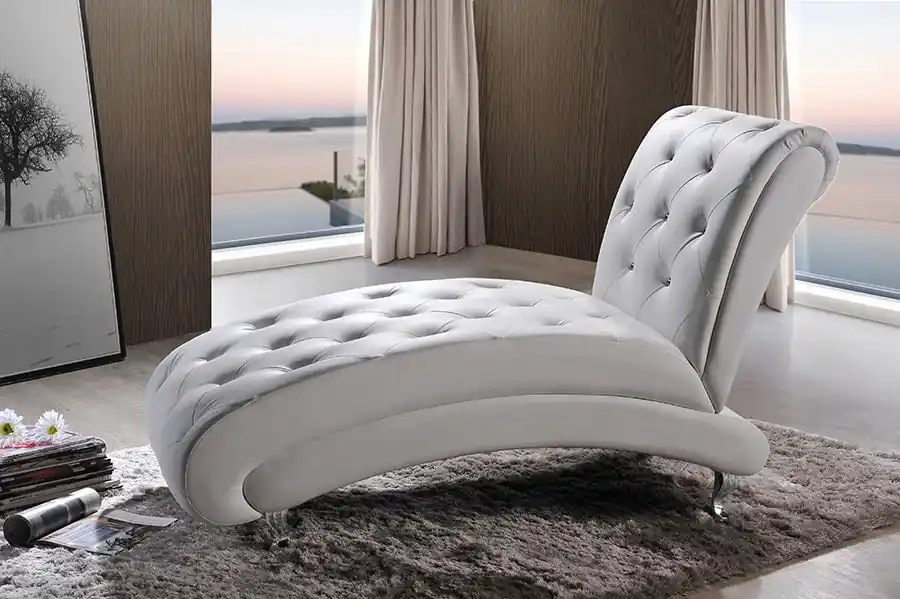 Baxton Studio Pease Contemporary White Faux Leather Upholstered Crystal Button Tufted Chaise Lounge - White Certified