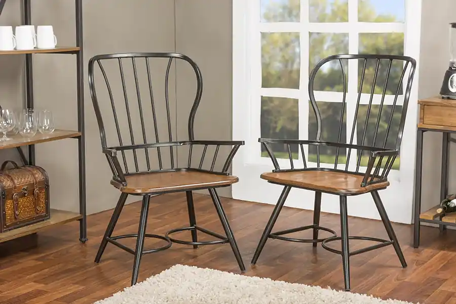 Baxton Studio Longford "Dark-Walnut" Wood and Black Metal Vintage Industrial Dining Arm Chair (Set of 2) - "Walnut" Brown , Black Must Have
