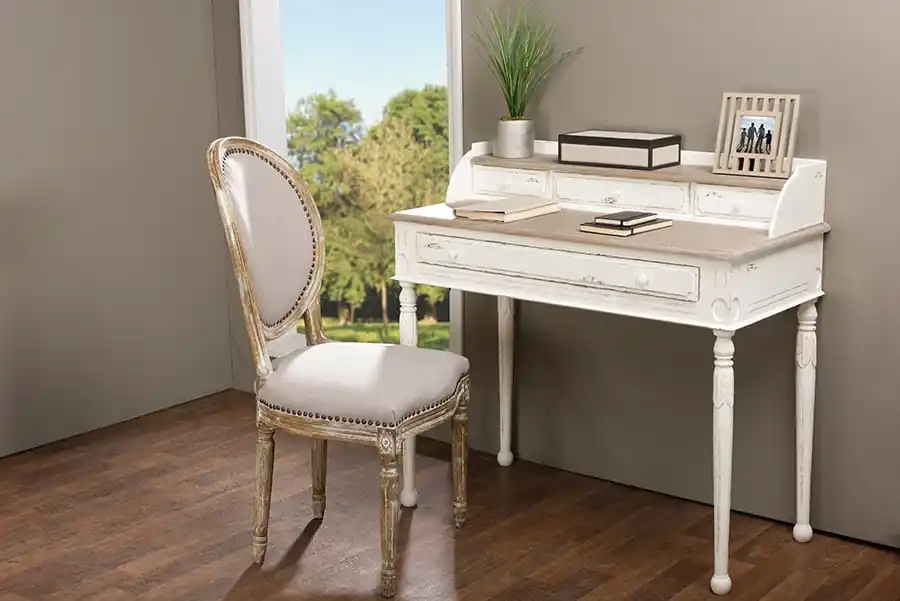 Baxton Studio Anjou Traditional French Accent Writing Desk - White , Light Brown Deal