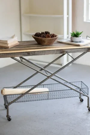 Kalalou Recycled Wood Console Table With Metal Base, Basket And Casters - Natural, Grey Fast Shipping