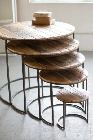 Recycled Wood And Iron Round Display Tables-Set of 5 by Kalalou - Natural, Grey Next Day Delivery