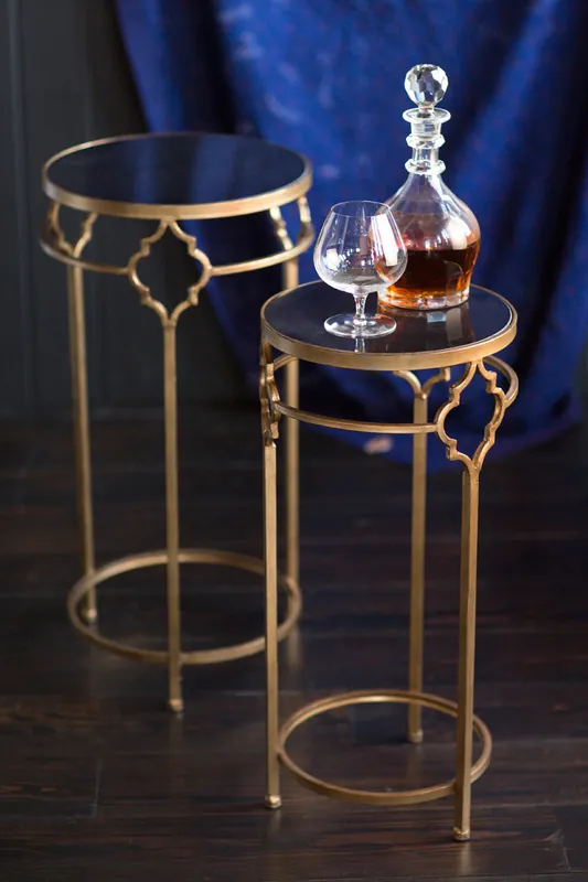 Place Order Vagabond Vintage Gold Finished Iron and Black Stone End Tables