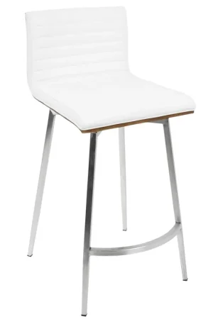 Authentic LumiSource Mason Swivel Counter Stool - Set of 2 - Stainless Steel, White PU, Walnut Wood