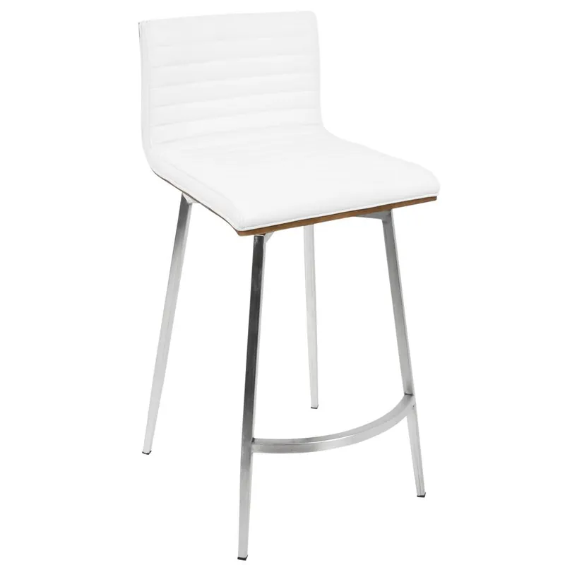 Authentic LumiSource Mason Swivel Counter Stool - Set of 2 - Stainless Steel, White PU, Walnut Wood