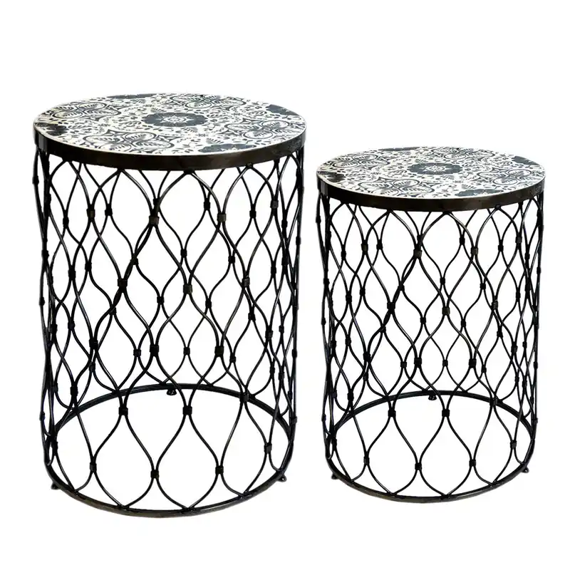 A&B Home Fenna Antique-Brass Tables With Decorative Wood Top - Set/2 Special Discount