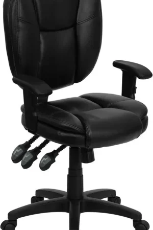 Limited Time Flash Furniture Mid-Back Black Leather Multi-Functional Ergonomic Swivel Task Chair With Height Adjustable Arms -