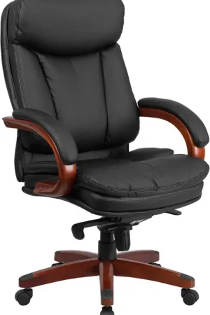 Flash Furniture High Back Black Leather Executive Swivel Office Chair With Synchro-Tilt Mechanism And Mahogany Wood Base - High Quality