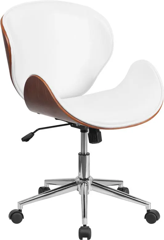 Flash Furniture Mid-Back Walnut Wood Swivel Conference Chair In White Leather - Direct From Factory