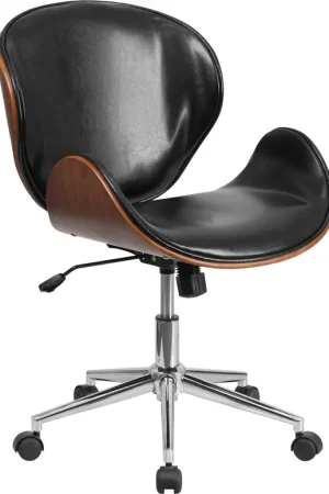 Trusted Brand Flash Furniture Mid-Back Walnut Wood Swivel Conference Chair In Black Leather -