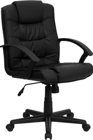 Must Have Flash Furniture GO-937M-BK-LEA-GG Mid-Back Black Leather Swivel Task Chair with Arms -