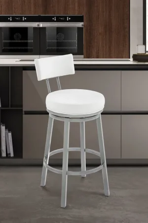 Authentic Dalza Swivel Counter or Bar Stool in Cloud Finish with White Faux Leat