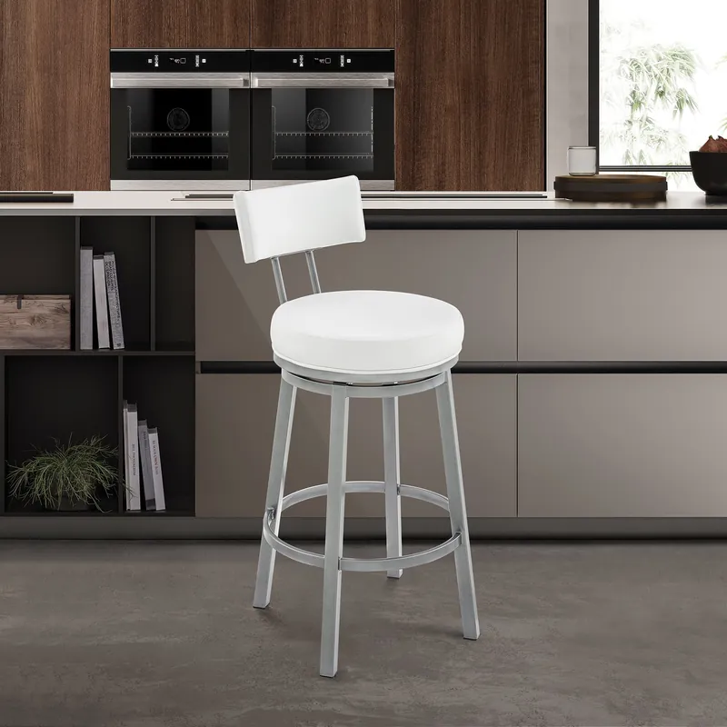 Authentic Dalza Swivel Counter or Bar Stool in Cloud Finish with White Faux Leat