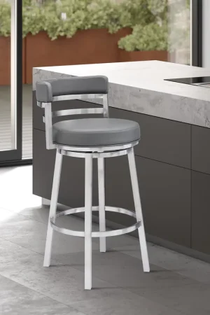 Brand New Titana 26" Counter Height Swivel Grey Faux Leather and Brushed Stainle