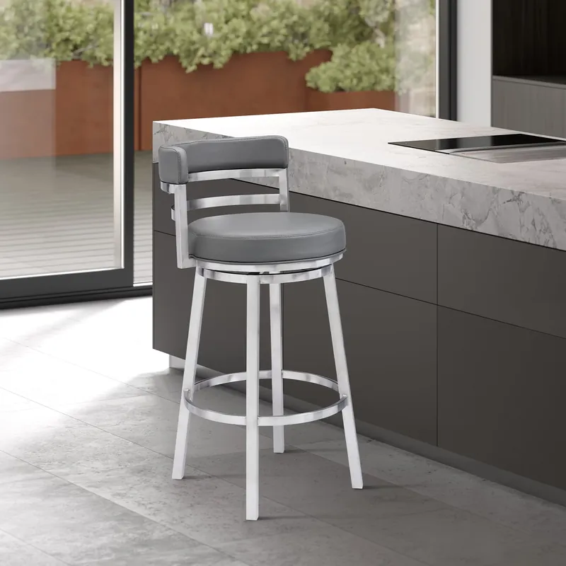 Brand New Titana 26" Counter Height Swivel Grey Faux Leather and Brushed Stainle