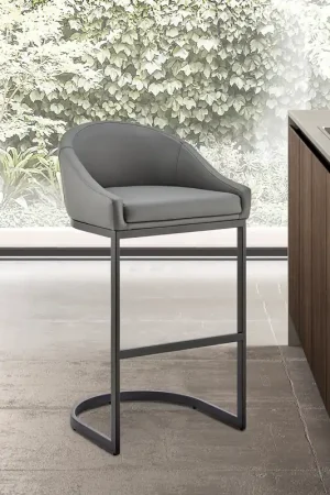 Atherik Bar Stool in Black Metal with Grey Faux Leather By Armen Livin Final Sale
